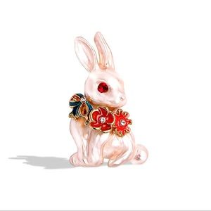 Pearl Like Rabbit With Red Ruby Rhinestone Eye Brooch, Pin